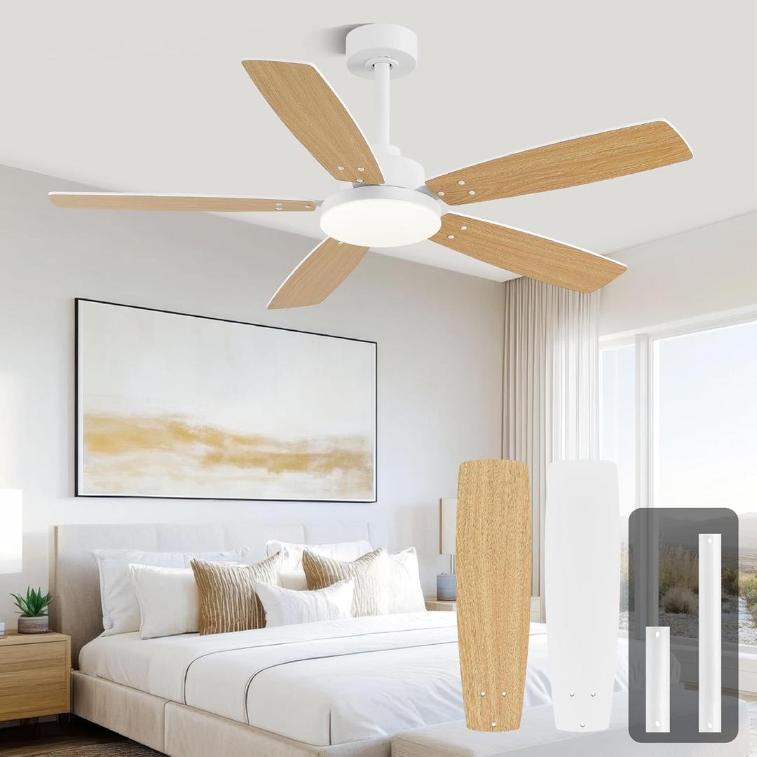 Modern 52 Inch Ceiling Fans with Lights and Remote for Bedroom Living Room Kitchen Home Office Indoor/Outdoor, 3CCT Dimmable, Dual Color 5 Blades 6 Speed Reversible Quiet DC Motor, White/Wood Grain