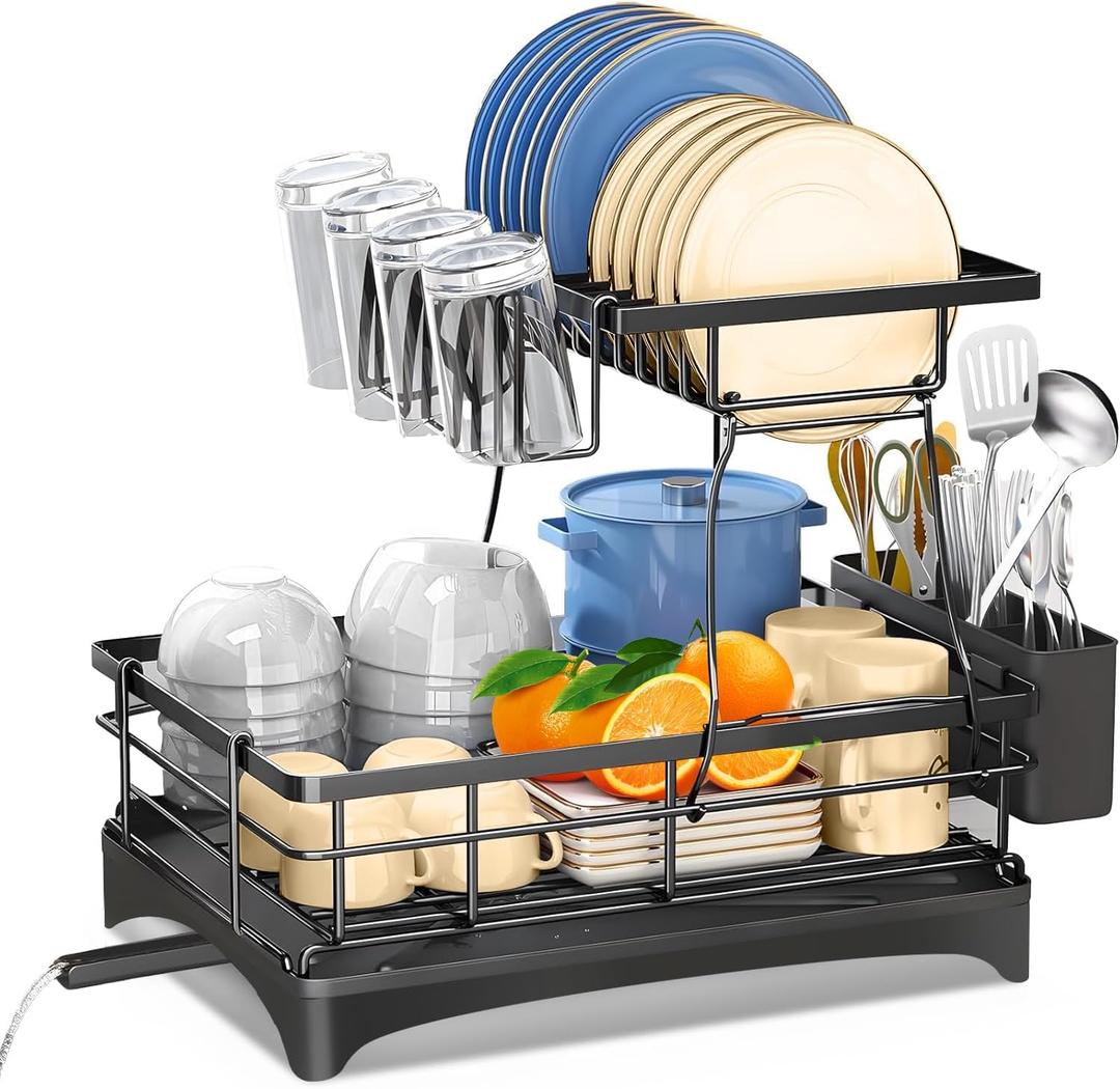 Dish Drying RackDurable, Rust-Proof Large 2 Tier Dish Racks for Kitchen Counter, Stainless Steel Kitchen Dish Drying stand,Detachable Capacity Dish Drainer Organizer with Cutlery & Cup Holder