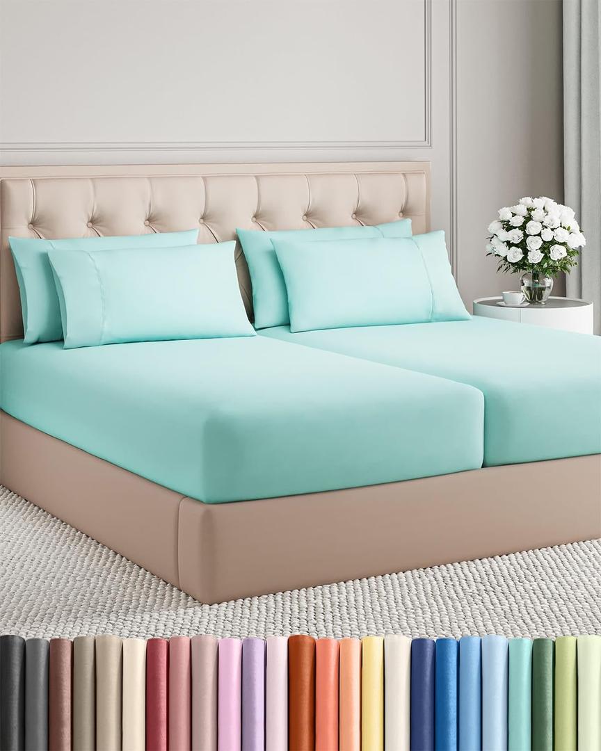 Split King 7 Piece Sheet Set - Comfy Breathable & Cooling - Soft Hotel Luxury Bedding Set with 8-16 Inch Deep Pockets - 1 Flat & 2 Fitted Sheet & 4 Pillowcases - Wrinkle Free & Easy Care - Spa Blue