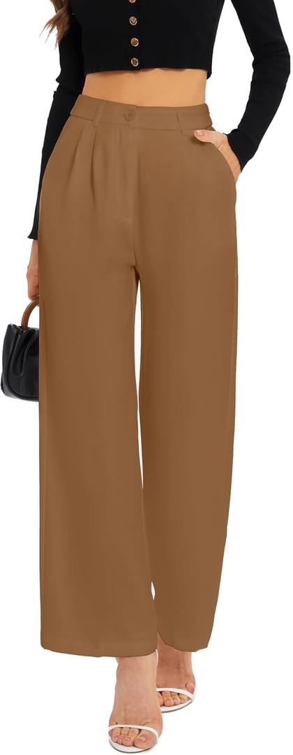 FUNYYZO Wide Leg Pants Women's High Elastic Waisted in The Back Business Work Trousers Long Straight Suit Pants (Brown, L)