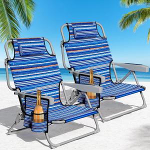 Beach Chair, Lay Flat Folding Backpack Beach Chairs with 5 Position 2 Pack