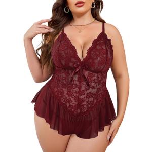 Avidlove Plus Size Lingerie for Women Lace Bodysuit One Piece Teddy Babydoll Mesh Chemise V Neck Sleepwear XL (Burgundy)