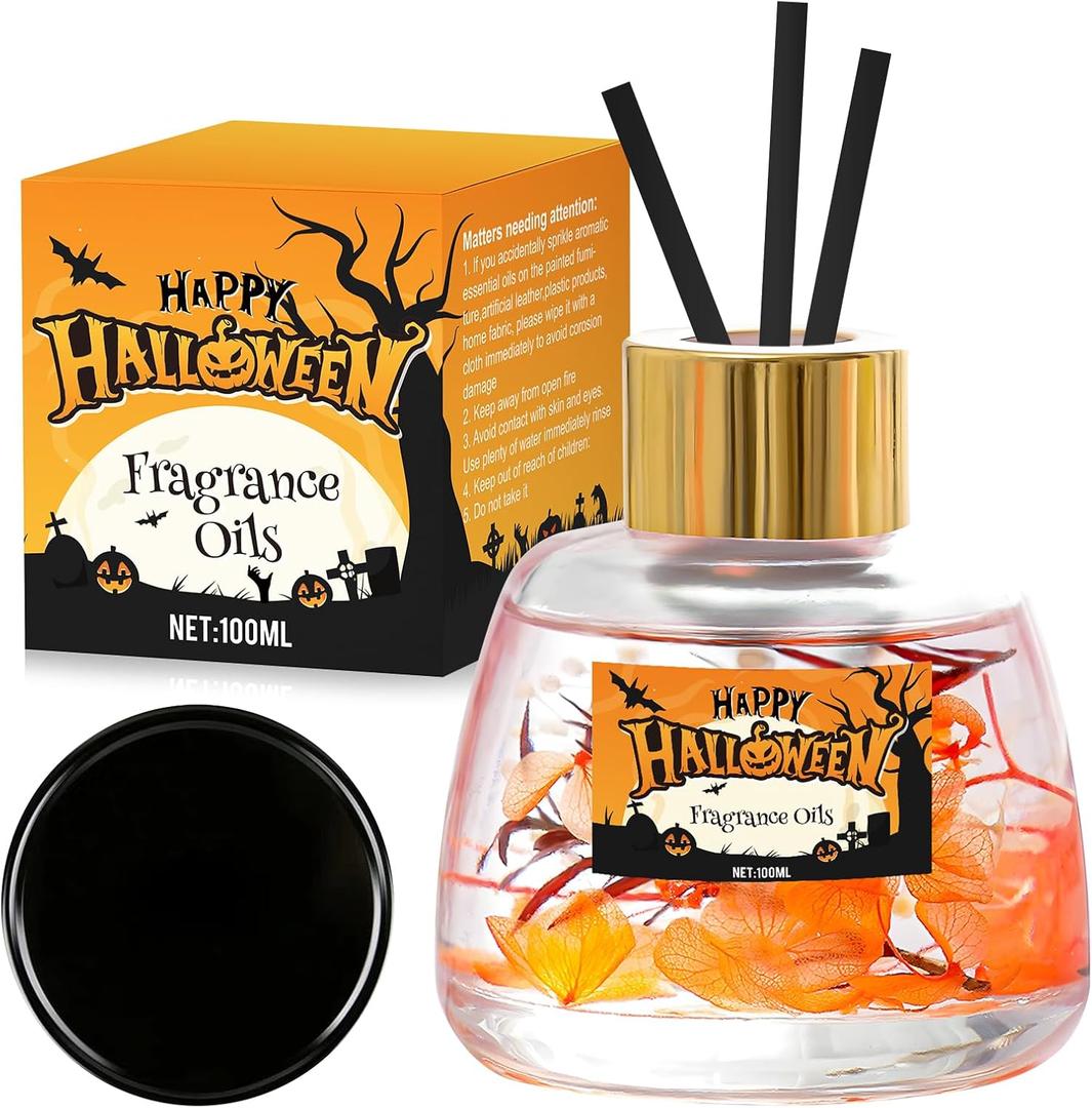 Reed Diffuser for Bathroom, Halloween Diffuser, Scented with Flower and 3 Sticks, Long-Lasting Freesia Fragrance with Anti-Slip Mat for Home, Bathroom Shelf Decor, 100ml