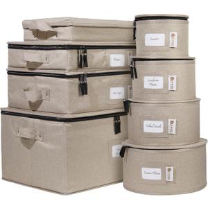 China Storage Hard Shell Containers 8-Piece Set Moving Boxes for Dinnerware, Glasses, Plates, Mugs and Saucers Sturdy Dish Organizer with Dividers for Seasonal Storage - Service for 12 - Brown