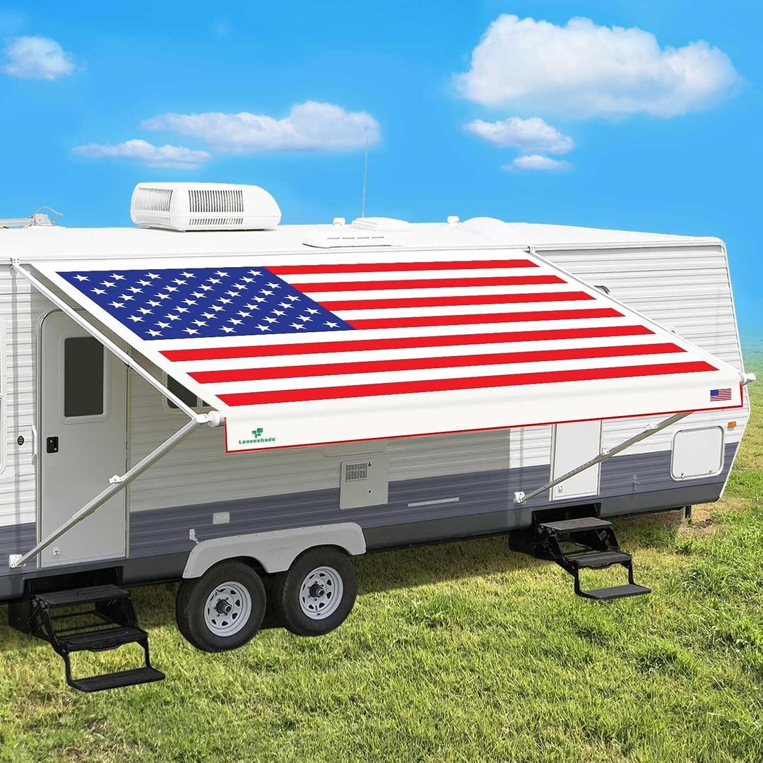 Leaveshade RV Awning Fabric Replacement Camper Trailer Awning Fabric Super Heavy Vinyl Coated Polyester 9'3''(Fit for 10' Awning)-USA Flag (Custom Looking)