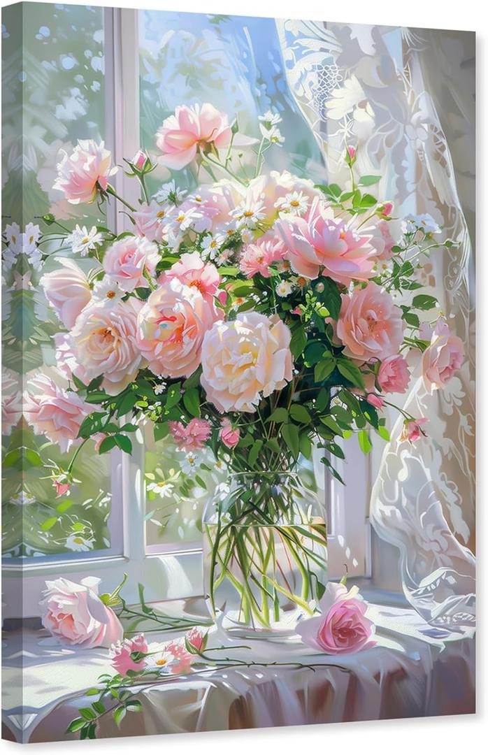ARTZGX Flower in Vase Canvas Wall Art Pink Rose Pictures Rustic Floral Painting Romantic Poster Print for Bathroom Decor Frame(Green 16.00" x 24.00")