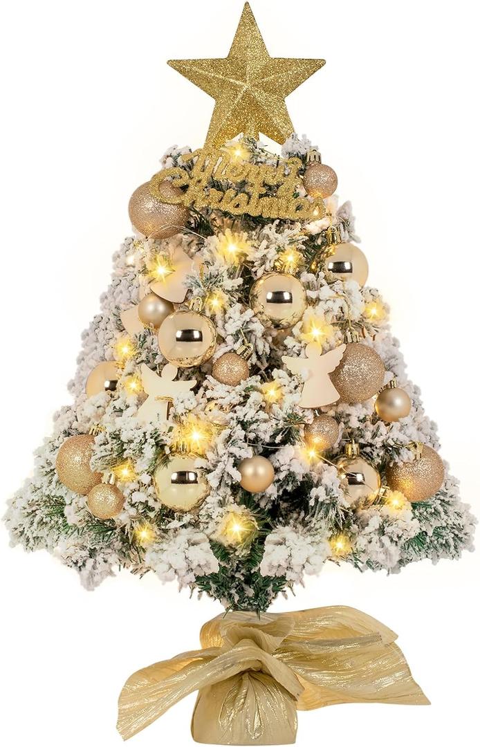 LOENIY 24In Tabletop Christmas Tree Snow Flocked, Mini Christmas Tree Includes DIY Ornaments 35 LED Lights Star Treetopper, Small Xmas Artificial Tree for Holiday Indoor Christmas Decoration (Gold)
