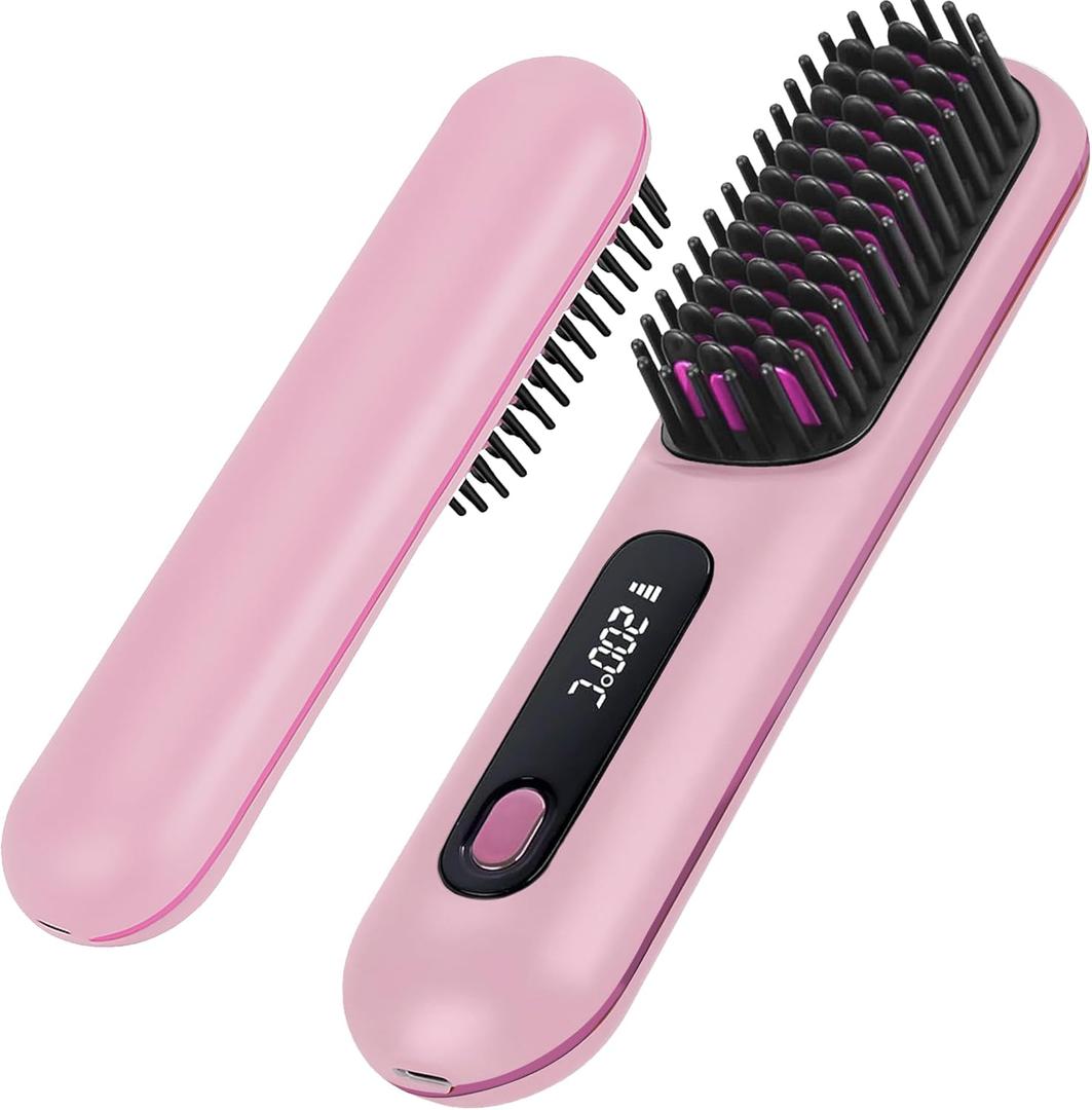 Go Brush Pro - Cordless Hair Straightener Brush Portable Comb for Travel, USB Charging, Fast Heating, with LCD Display (Pink)