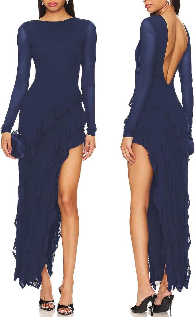 Women Long Sleeves Mesh Tassel Ruffle Maxi Dress With High Slit Party Dress | Asymmetrical Ruffle Hem Side Split Bodycon Dress Open Back Evening Gowns Prom Wedding Guest Date Night Cocktail Party Dress