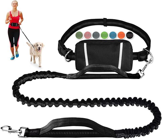 Hands Free Dog Leash, Waist Running Leash with Zipper, Walking Pouch for Medium Large Dogs, Dual Handle and Retractable Bungee for Training Jogging Hiking