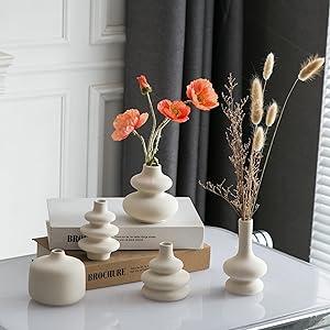 White Bud Vases, Small Ceramic Vase Set of 5, Mini Pottery Vases for Flowers, Decorative Vases for Home Modern Decor, Boho Decor, Chic Vases for Living Room Dining Table Shelves