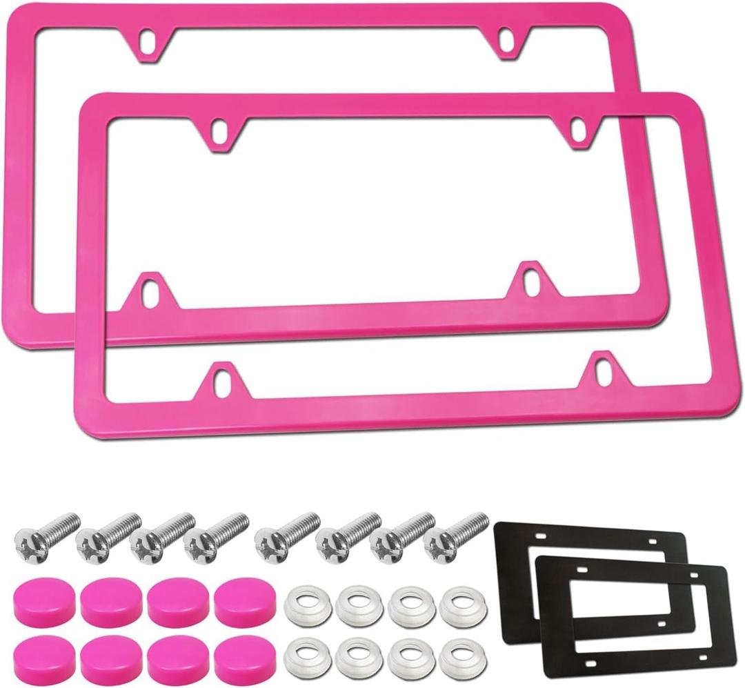 BGGTMO Pink License Plate Frames- Metal Aluminum Car Tag Cover, 2 Pack Slim Front & Rear Holders for US Vehicles, Rust/Rattle Proof, Cute Car Accessories for Women, with Screws