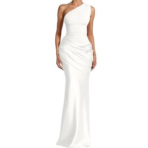 Memoriesea Women's Sexy One Shoulder Asymmetrical Pleated Formal Evening Gown Maxi Dress White, M