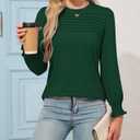 Simlakey Women Long Sleeve Shirt Dressy Casual Blouse 2025 Fall Fashion Pleated Top Trendy Loose Fit Crew Neck Basic Tee (Green,L)