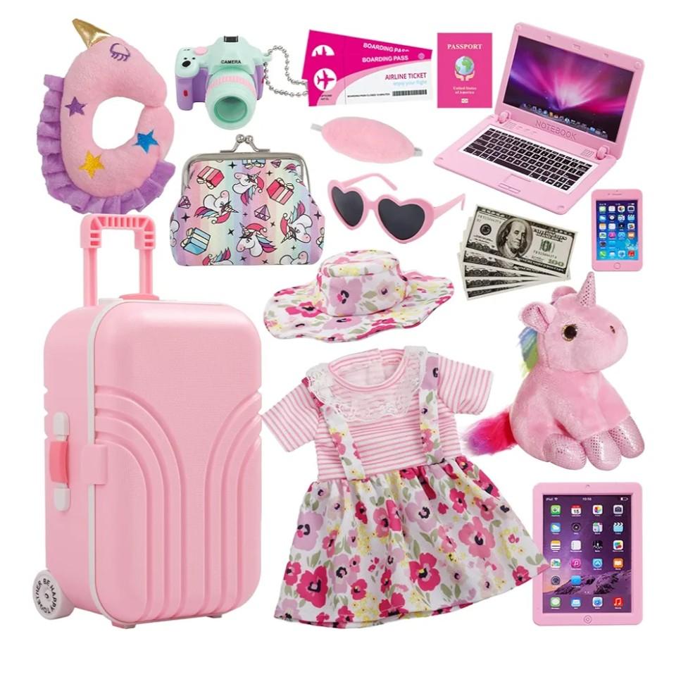 18 Inch Doll Suitcase Travel Luggage Play Accessories, Doll Clothes Accessories Carrier Storage Set, Case, Hat, Sunglasses, Camera, Pillow, Toy Pet