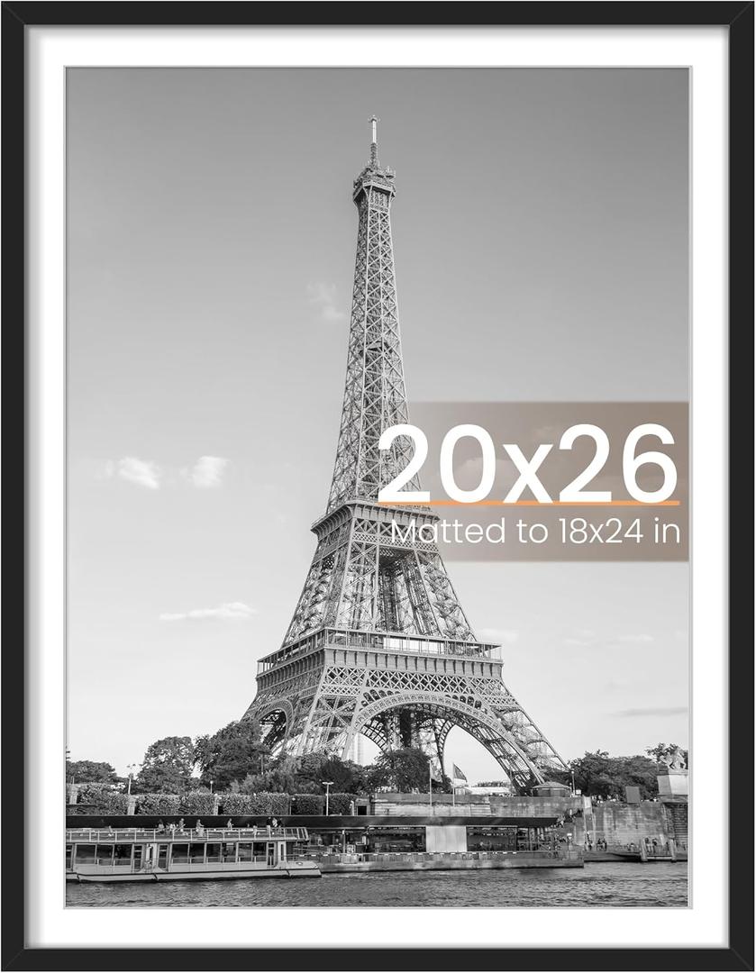 Upsimples 20x26 Picture Frame, Display Pictures 18x24 with Mat or 20 x 26 Without, Wall Hanging Poster Frames, Black, 1 Pack