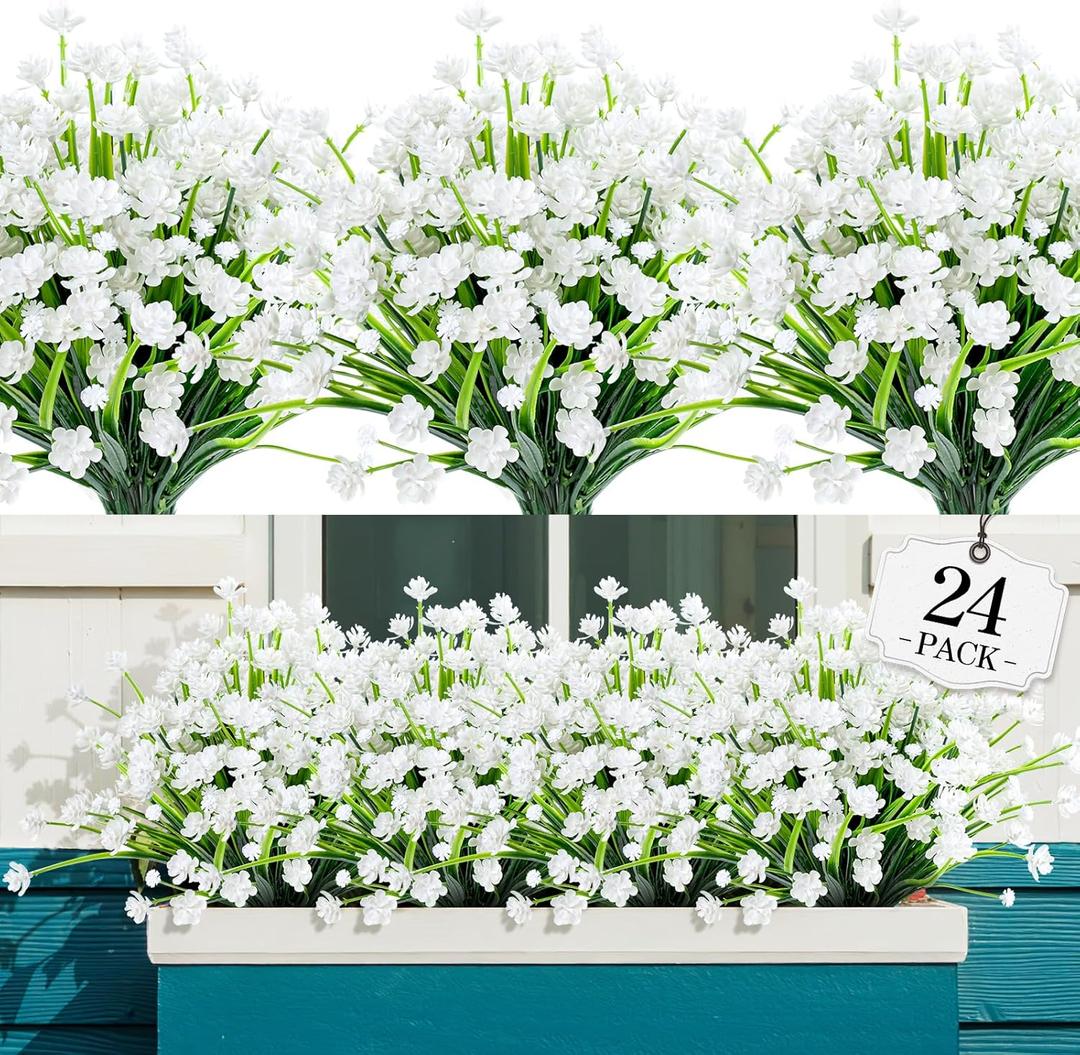 AGIRL 24 Bundles Artificial Flowers for Outdoor,No Fade Fake Plastic Flowers Faux Plants for Decoration Hanging Planters Indoor Outside Garden Porch Window Box Home Wedding Farmhouse (White)