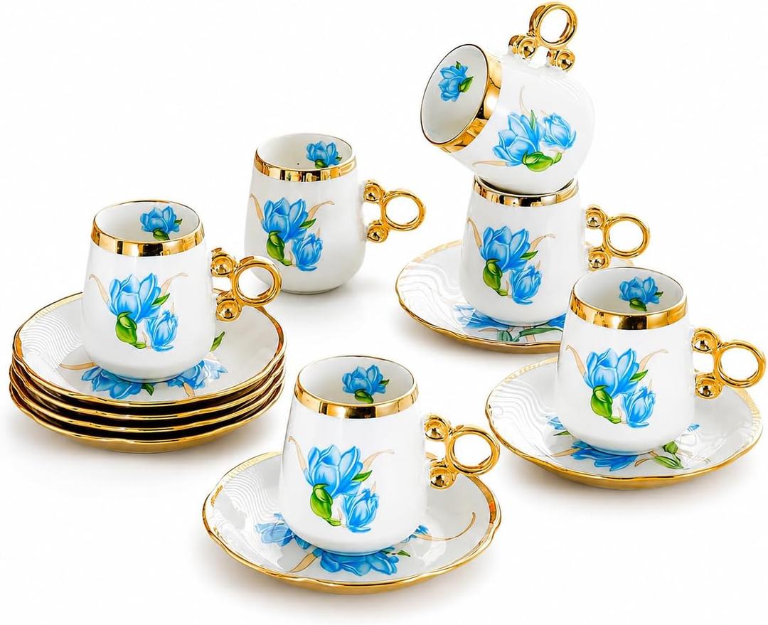 Porcelain Tea Cups and Saucers Set of 12, Blue Floral Coffee Cups with Gold Trim, 100ml Espresso Turkish Coffee Cups, Elegant Tea Party Set (Blue 100ml 6 cups 6 plates)