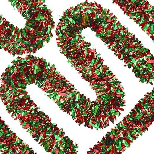 50 Ft Christmas Tinsel Garland Thick Tinsel Garland Xmas Tree Decorations Metallic Tinsel Twist Garland for Christmas, Birthday, Party Decor Indoor Outdoor Party Supplies (Green-Red)