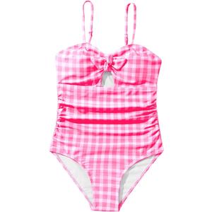 Floerns Girl's Gingham Print Ruched Cut Out Knot Front One Piece Swimsuit (Hot Pink, 10y)