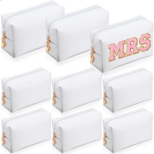 Sanwuta 9 Pcs Makeup Bags Bulk PU Double Zippers Cosmetic Bag Makeup Toiletry Small Pouch Portable Travel Organizers Case for Women Bridesmaid Proposal Gifts(White)