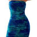 BEAUDRM Women's Tie Dye Strapless Backless Bandeau Pencil Dress Knit Mesh Bodycon Tube Dresses Ruched Mini Dress (Blue, XL)