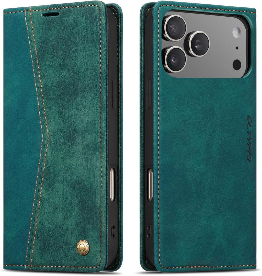 QLTYPRI for iPhone 17 Pro Max Case Wallet with Card Holder, Vintage PU Leather Kickstand Magnetic Closure Shockproof Folio Book Cover Case for iPhone 17 Pro Max - Retro Green