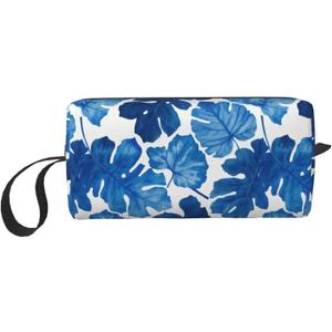 Blue Tropical Leaf Makeup Bag Small Durable Travel Monstera Cosmetic Bag Organizer Oxford Fabric Multi-Purpose Storage Perfect for Travel, Gym, Daily Use