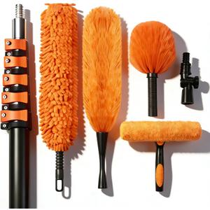 26FT High Reach Duster Kit with 5-20FT Flip-Lock & Screw Dual Locking Extension Pole, Cobweb Duster, Washable Ceiling Fan Cleaner & Window Squeegee for Glass & High Roof