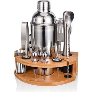 Cocktail Shaker Set,12 Piece 25oz Bartender Kit with Stand,Bar Set for Mixed Drink, Professional Bar Accessory : Shaker,Jigger,Strainer,Muddler,Liquor Pourers, House Warming Gifts (Silver)