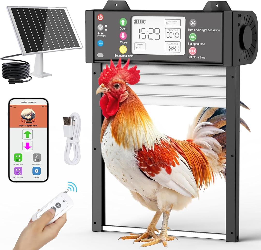 Automatic Chicken Coop Door, Solar Chicken Door with Tuya App, Door Status Detection, WiFi Reconnection, Auto Chicken Door with Light Sensor, Timer, Anti-Pinch, 4000 mAh USB Rechargeable