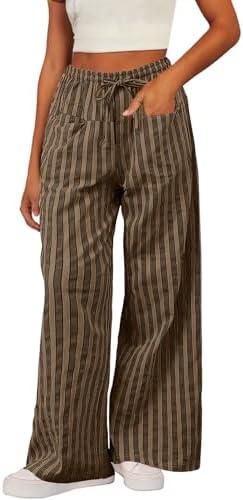 Acelitt Women Casual Drawstring Elastic Waist Loose Wide Leg Striped Pants with Pockets, M