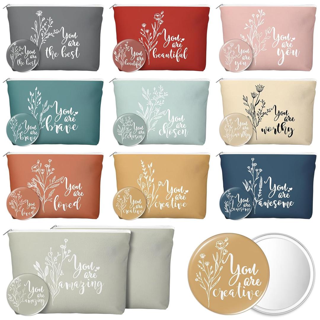 Vercraft 40 Pcs Employee Appreciation Gifts for Women Teacher Inspirational Canvas Makeup Bag Portable Compact Mirror Bulk Cosmetic Bag Thank You Gifts Volunteer Nurse Coworker (Botanical,Vintage)