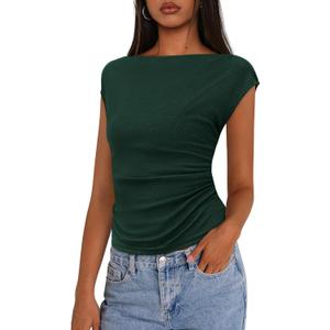 PRETTYGARDEN Women's Ruched Crop Tank Tops 2025 Summer Trendy Cap Sleeve Ribbed Knit Basic Fitted Going Out Tee Shirts (Dark Green, Small)