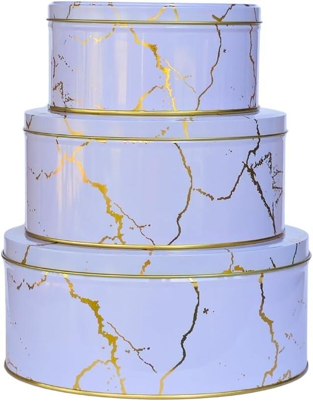 Pack of 3 Stackable Round Metal Tin Containers with Lids  Multipurpose Tins for Cookies, Candies, Kitchen Essentials & More | Thoughtful Gift for Women's / Mother's Day  Elegant White Gold Design
