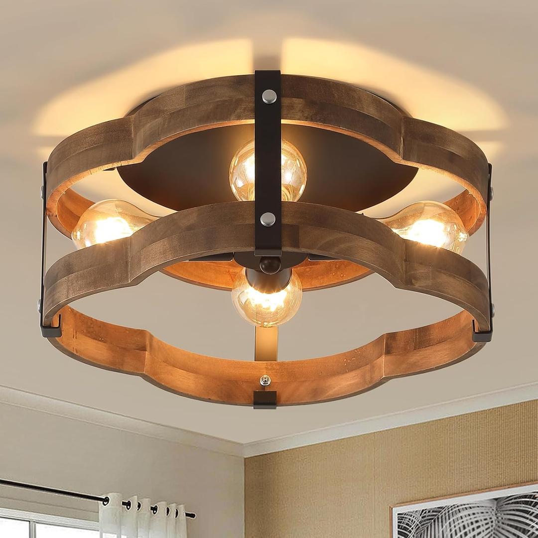 4-Light Rustic Farmhouse Wood Flush Mount Ceiling Light Fixture 14.17 inch Oak Wood and Metal Cloud Cage Semi Flush Mount Ceiling Light for Hallway Hall Entry Bedroom Farmhouse Indoor, Black