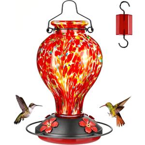 Hand Blown Glass Hummingbird Feeders for Outdoors Hanging, 24oz Wild Bird Nectar Feeder with Ant Moat and Perch, Bee-Resistant Ports, Garden Decor, Gifts for Women Mom, 1 Pack, Red Polka Dots