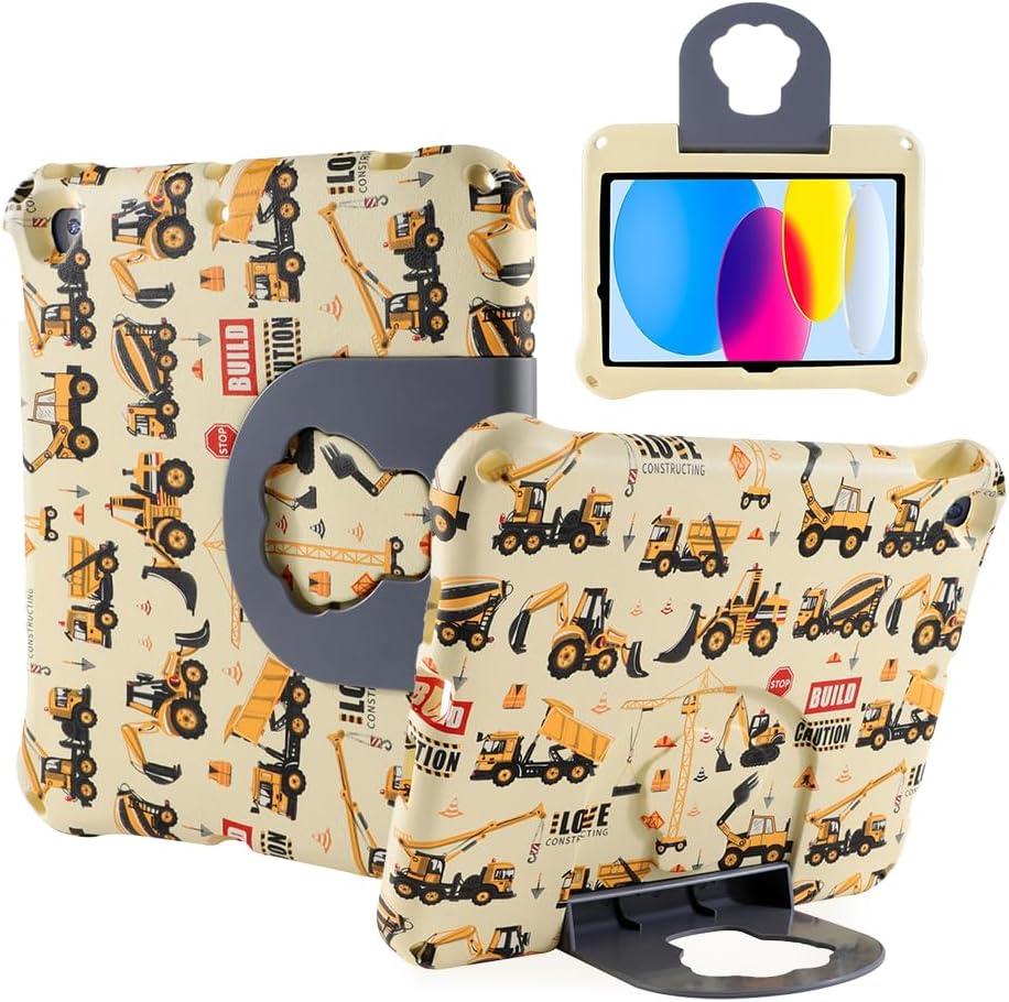 iPad 10.2 Tablet Case, FW iPad 7th-9th Gen Excavator Truck Case for Kids - Light, EVA, Kid-Proof with Stand, Handle, Shockproof, Durable Full Cover Yellow