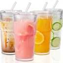 Wells 20oz Glass Cups with Lids and Straws, Ribbed Iced Coffee Cups, Thickened Drinking Glass Tumbler, Ideal for Coffee, Smoothies, Cocktails, and Juices, Clear, Set of 4