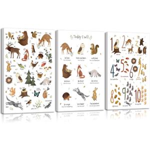 3Pcs Animal Alphabet Numbers Canvas Wall Art Classroom Nursery Painting Educational ABC Poster Prints Kids Playroom Picture Positive Affirmations Animal Wall Decor for Boy Girl Room 12x16in Framed (16L" x 12W")