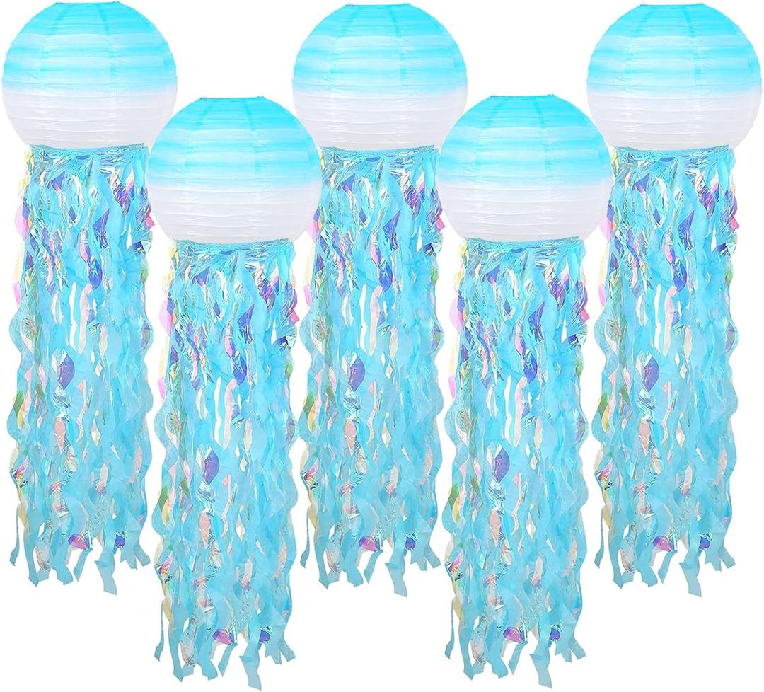 Hanging Jelly Fish Paper Lanterns, Gradient Colorful Blue Paper Lanterns for Mermaid Theme Party Under The Sea Ocean Birthday Decorations Baby Shower Baby Room, Set of 5