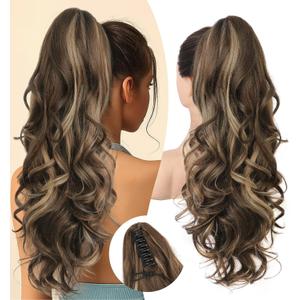 Earfodo Ponytail Extension, 24" Long Curly Wavy Claw Clip in Ponytail Hair Extensions, Jaw Clip on Pony Tails Fluffy Hairpiece for Women Daily Party Use