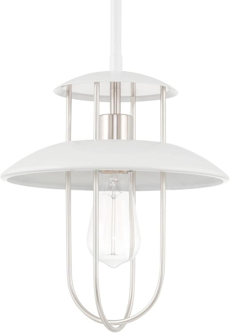 Kira Home Cullen 12" Industrial Farmhouse Metal Cage Hanging Ceiling Lantern Pendant Light, Adjustable Height, White + Brushed Nickel Finish