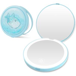 3 x Small Compact Mirror with Light, 1X/3X Magnification Travel Makeup Mirror, 3 Color, Dimmable Up, 3.14 inch Pocket Mirror, Folding, 2-Sided, Round Quicksand Mini MirrorBlue