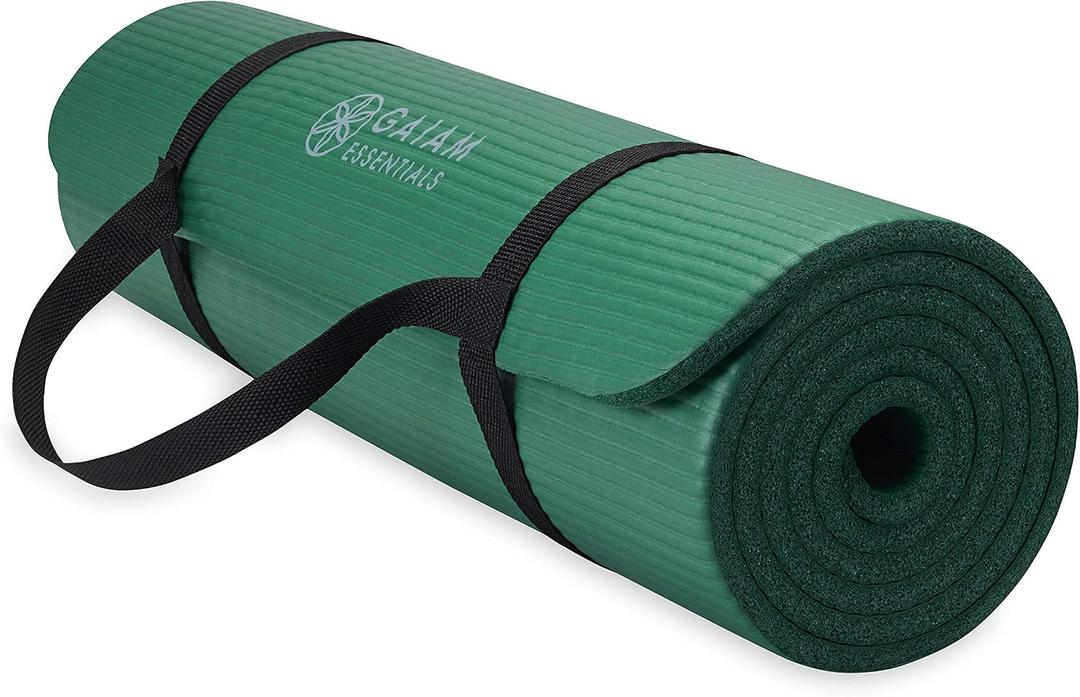 Gaiam Essentials 2/5" Thick (10mm) Yoga & Pilates, Fitness & Exercise Mat with Easy-Cinch Carrier Strap Cusion Support For Fitness and Gym Workouts