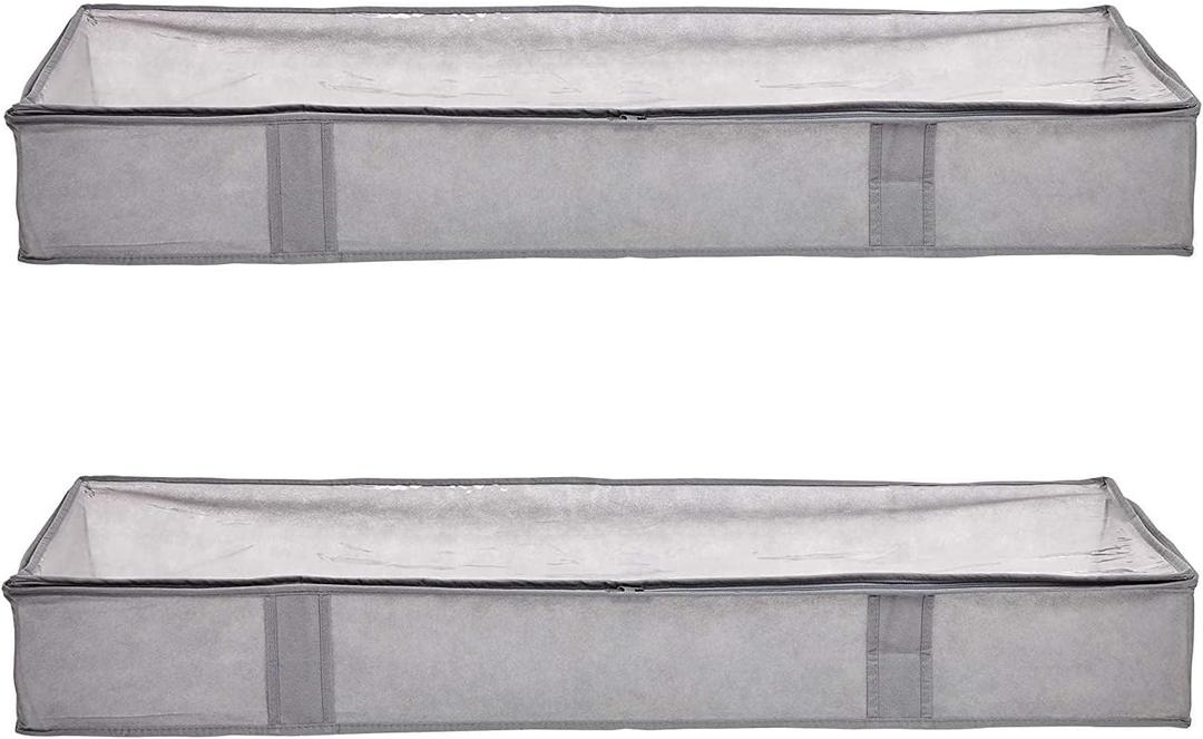 Amazon Basics Under Bed Storage Bags for Clothes and Blankets, Foldable Fabric Zipper Container with Clear Window and Reinforced Handles, Space Saving, 18 x 42 x 6 inches, Gray, 2-Pack