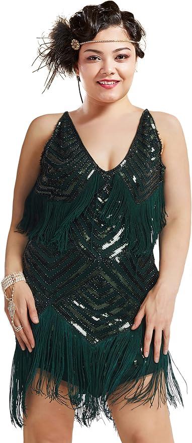 BABEYOND Women's 1920s Flapper Dress V Neck Slip Dress Roaring 20s Great Gatsby Dress for Party, Size M