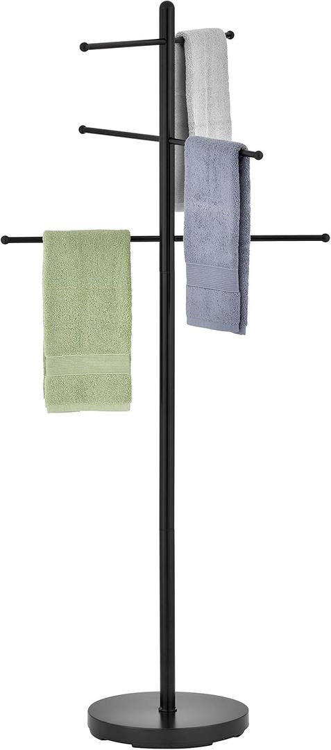MyGift 6 Bar Outdoor Towel Rack for Pool, Free Standing Bath Towel Holder Storage, SPA Towel Blanket Stand with Round Weighted Base, Modern Black Metal
