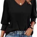 SAMPEEL 3/4 Length Sleeve Womens Tops Dressy Casual Blouses V Neck T Shirts with Smocked Cuffs (X-Large, Black)