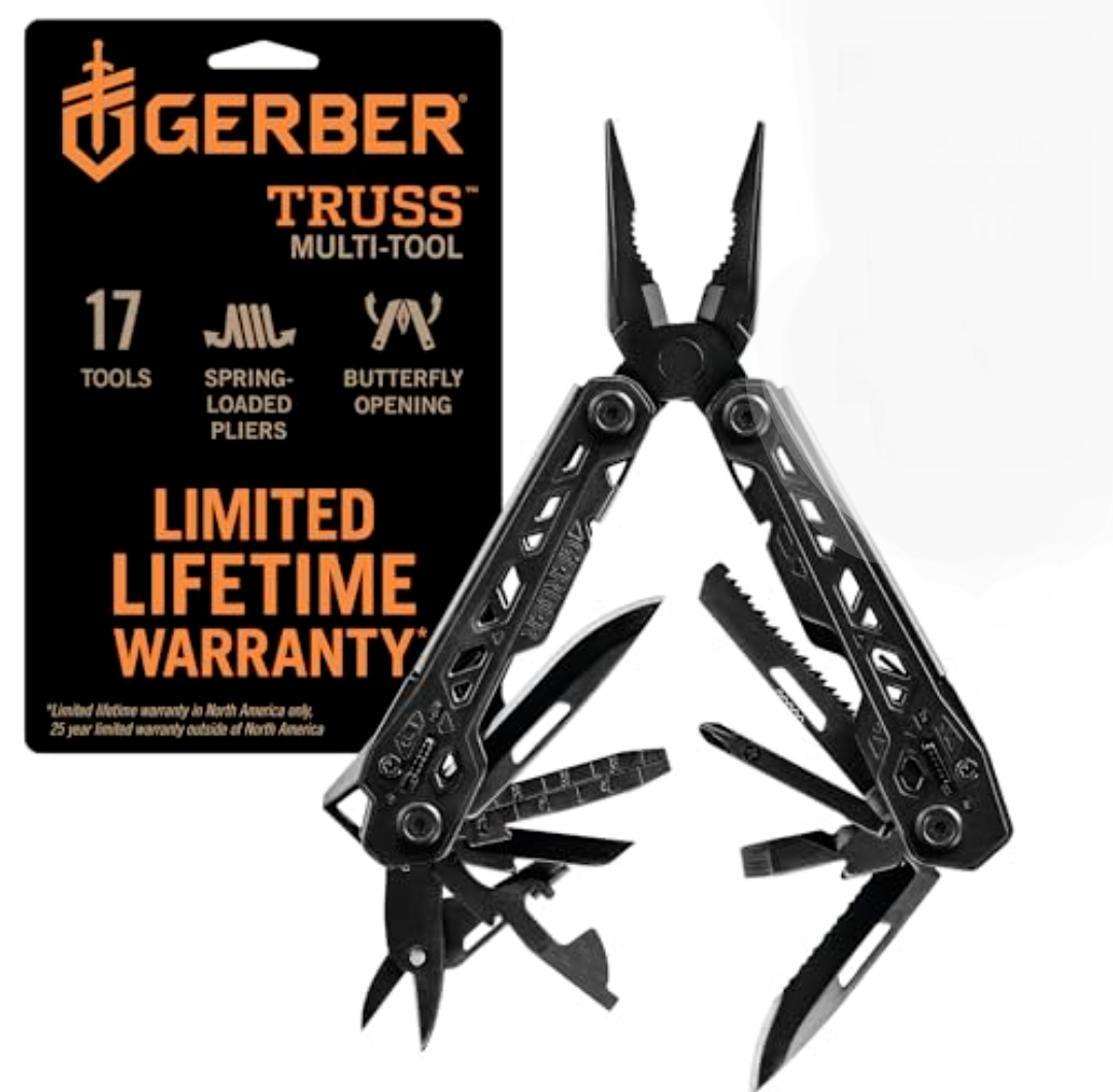 Gerber Gear Truss 17-in-1 EDC Needle Nose Pliers Multi tool - includes Pocket Knife, Screwdriver, and Bottle Opener Accessories - Gifts for Men, Fishing and Camping Gear - Black with Molle Sheath